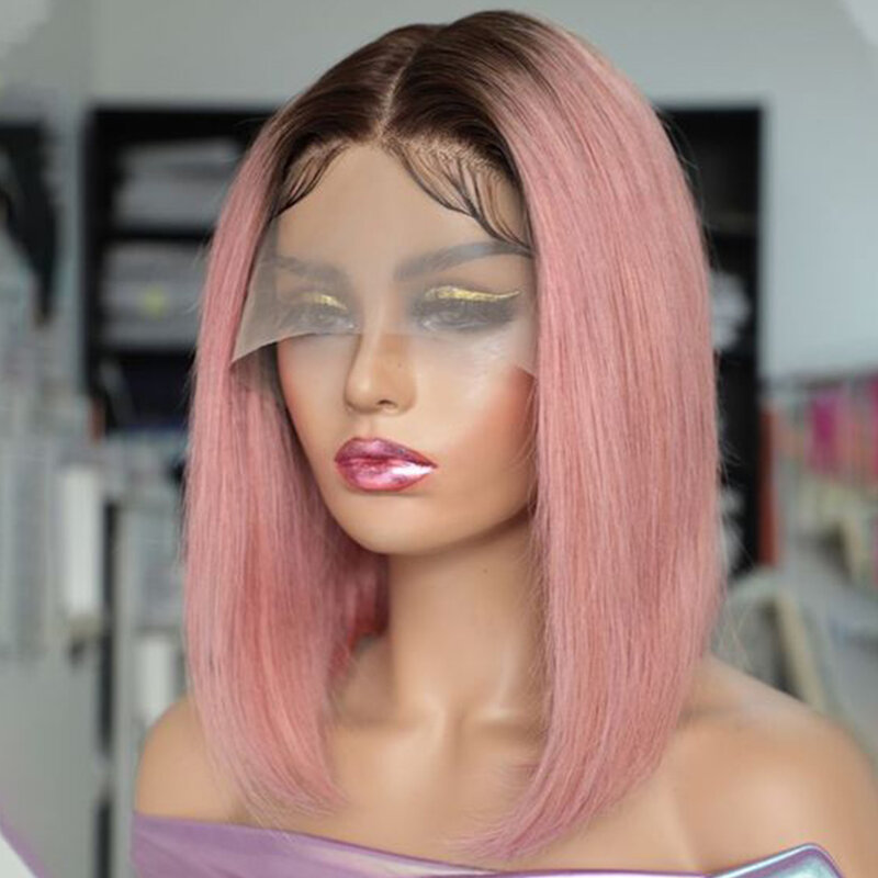 Peluca de cabello humano liso con encaje frontal para mujer, pelo corto Bob transparente, nudos blanqueados prearrancados, color rosa degradado