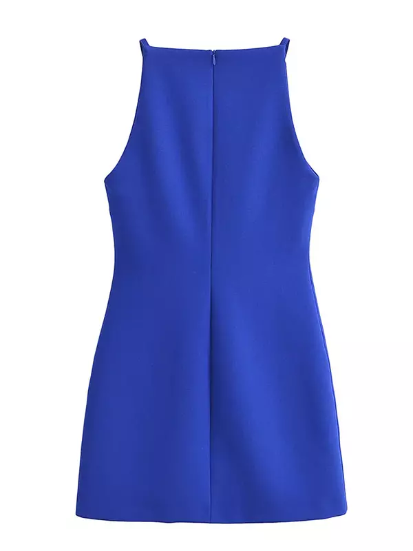 Mini vestido feminino sem mangas com gola barra, monocromático da linha A, elegante e elegante, casual e simples, verão 2021, novo