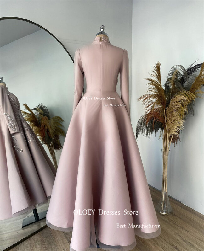 OLOEY gaun malam wanita Arab Muslim Dubai, gaun malam lengan panjang leher tinggi merah muda Dusty 2023