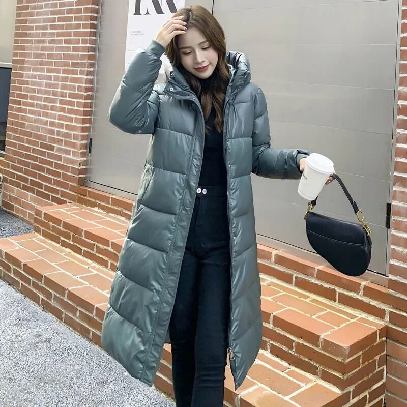 Mantel panjang bertudung wanita, jaket katun Korea ukuran besar longgar musim gugur dan dingin 2024