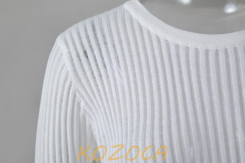 Kozoca Fashion White Elegant Striped See Through Women Tops Outfits Long Sleeve T-Shirts Tees Skinny Club Party Clothes