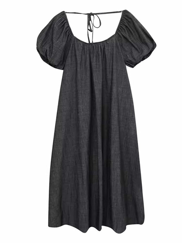 2024 French Retro Bubble Sleeve Denim Dress Medium Length Summer Thin Casual Loose Large Size Women Jeans Vestidos K860
