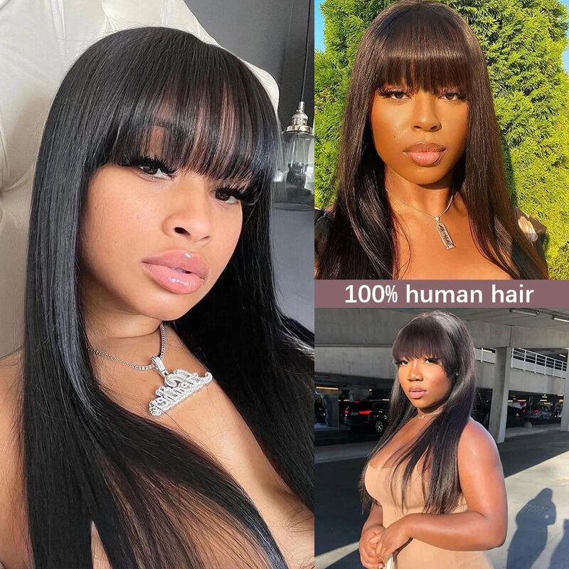 Peruca reta do cabelo humano com franja para mulheres, cabelo virgem brasileiro, Glueless, máquina feita, 30"