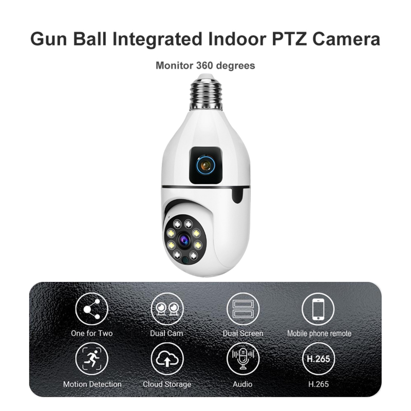 Mini Câmera CCTV Inteligente, Visão Noturna Colorida, Two-WayAudio, Interna Real, Lente Dupla, Bulbo, WiFi, IP, V380
