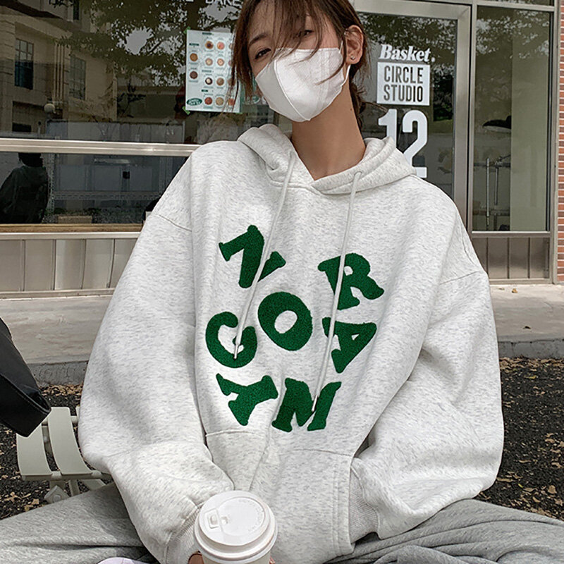 Bluza z kapturem z nadrukiem damska koreańskie Casual bluza z kapturem pulowerowe topy Y2k z długim rękawem jesień zima duża, w stylu Harajuku nowa