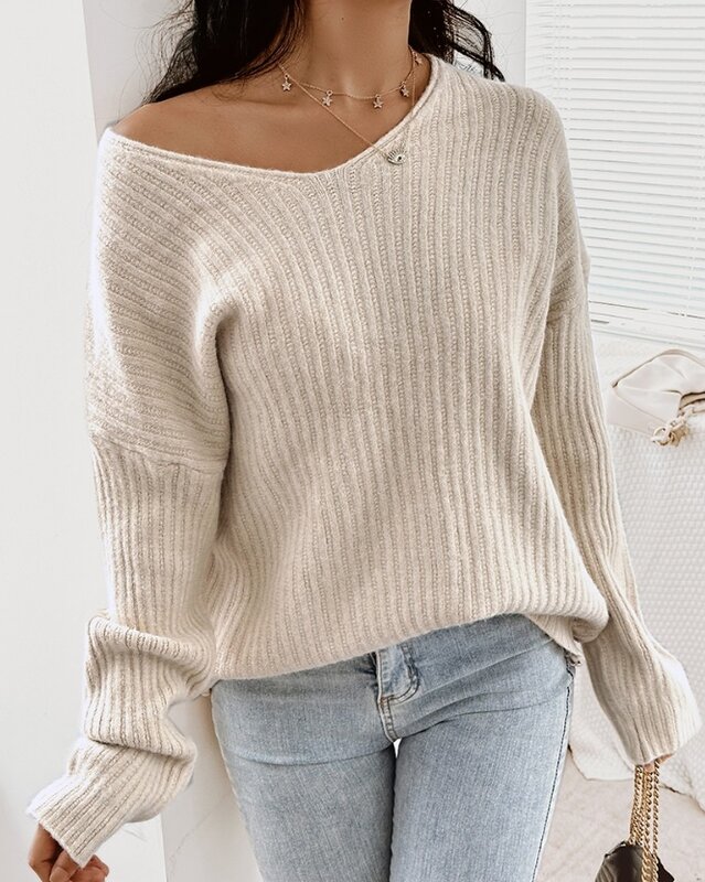 Женская повседневная одежда, новинка, осенние женские модные пуловеры, темпераментный женский свитер с V-образным вырезом и длинным рукавом