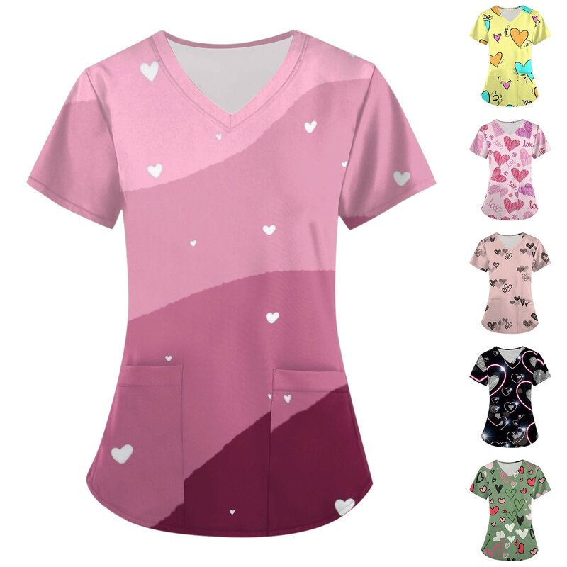 T-shirt à motif imprimé 3D pour femmes, haut à col en V, uniforme d'infirmière, vêtements romantiques et soignants, uniforme de travail, poche