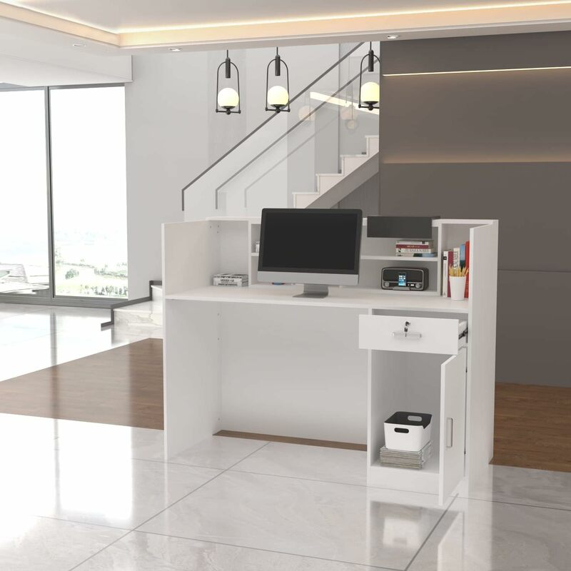 Reception Counter Desk with Adjustable Shelf & Lockable Drawersfor Salon Reception Room Checkout Office, White