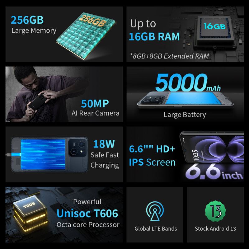 FreeYond-Celular Octa Core, Android 13, 8GB RAM, 50MP, Tela de 6,6 ", Carregamento Rápido, Novo Telefone M5A, 256GB ROM, 8GB RAM, 5000mAh, 2021