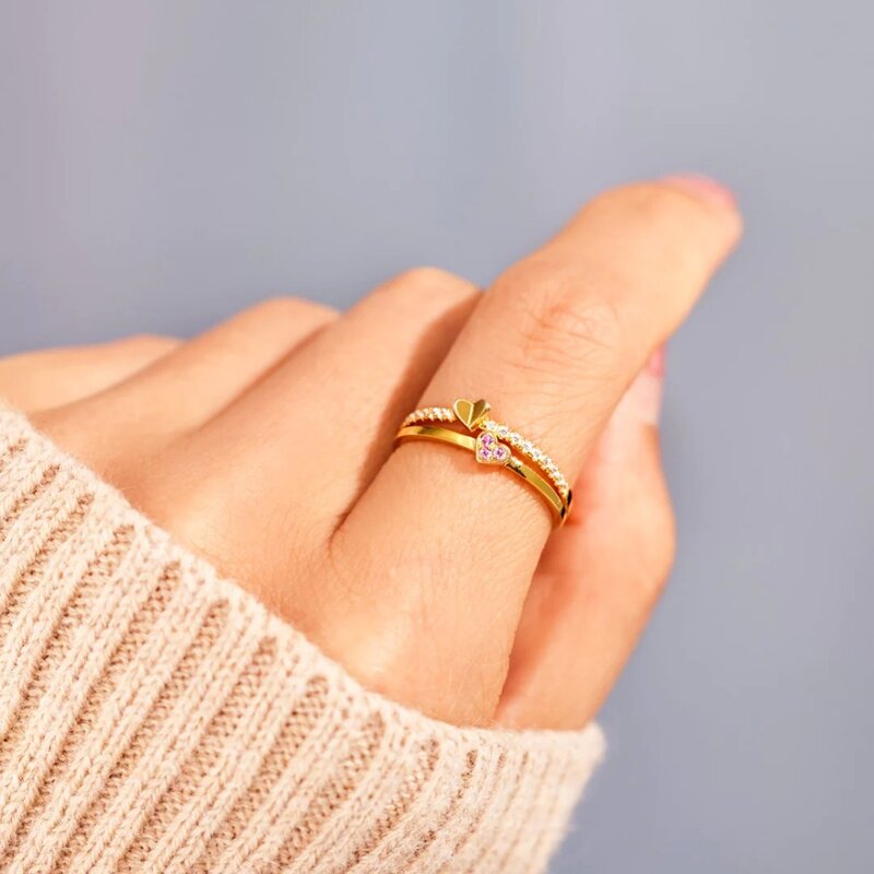 Monkton anello in argento Sterling 925 genuino a 2 cuori per regali per la festa della mamma anelli di fidanzamento con zirconi rosa placcati in oro 14 carati per le donne