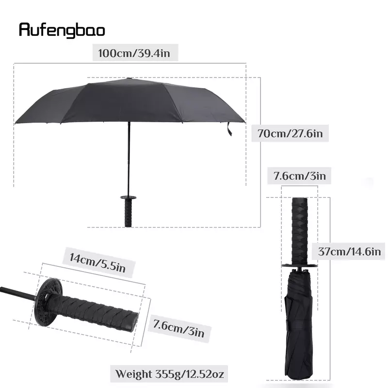 Black Samurai Women's Men's Umbrella, Automatic Umbrella, 8 Bones Folding UV Protection Sunny and Rainy Days Windproof Umbrella