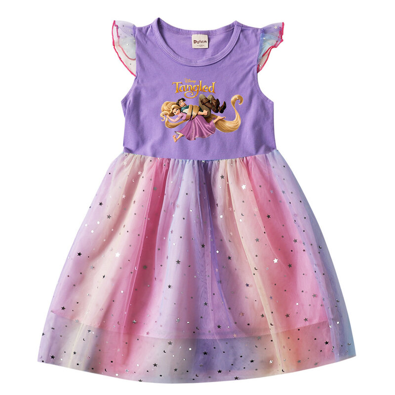 여아용 얽힌 라푼젤 여름 드레스, 만화 공주 원피스, 어린이 무도회 메쉬 드레스