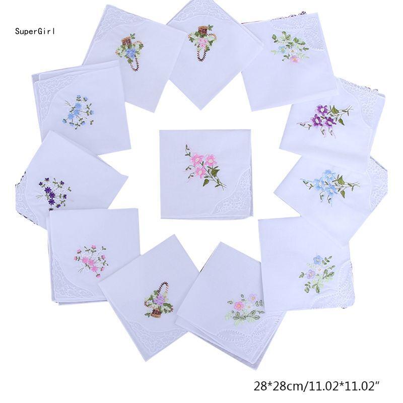 5 шт./компл., 11x11 дюймов, женские хлопковые квадратные носовые платки с цветочной вышивкой и кружевной бабочкой, угловой стиль
