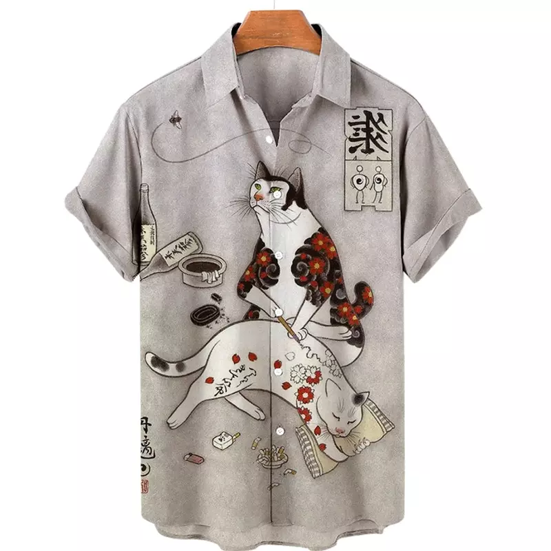 Kaus Hawaii lengan pendek untuk pria, kemeja motif 3D bergaya Jepang Samurai kucing, atasan kaus lengan pendek Harajuku untuk pria dan wanita