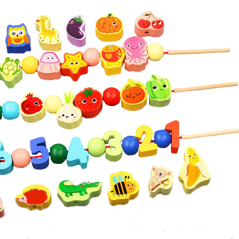 Mainan kayu mainan bayi DIY mainan hewan kartun Stringing Threading mainan manik-manik kayu Monterssori pendidikan untuk anak-anak