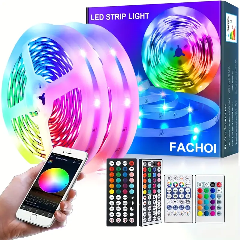 Lampu setrip LED 5050 RGB 100ft, lampu setrip cerdas mikrofon tanam, warna musik, aplikasi kendali jarak jauh, lampu LED berubah warna musik