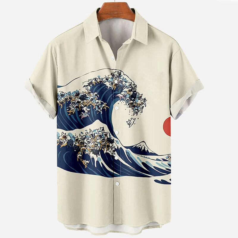 قميص هاواي للرجال بأكمام قصيرة مطبوعة ثلاثية الأبعاد ، بلوزة غير رسمية بطية صدر ، نمط الشاطئ ، موجات عتيقة ، ملابس عصرية مستوردة