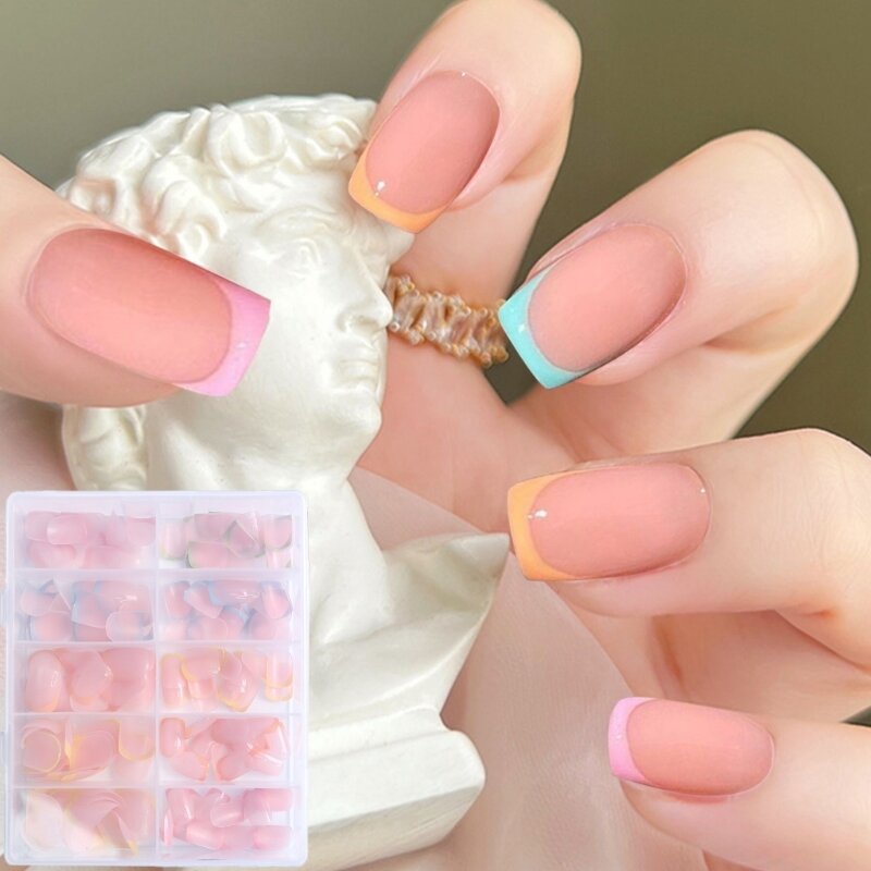 Vierkante druk op nagel gestreepte Franse nepnagels acryl valse nagels, kunstnagels lijmen op nagel voor dames