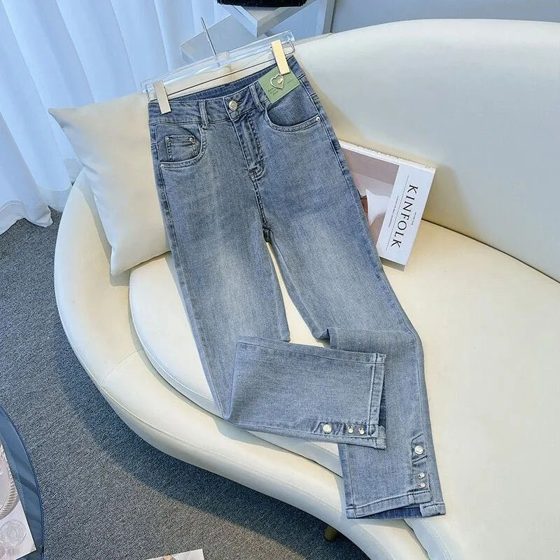 Spring Autumn New Women's Stretch Jeans Ninth Straight Pants Fashion Female Korean High-waisted Slit Cowboy Pants Blue