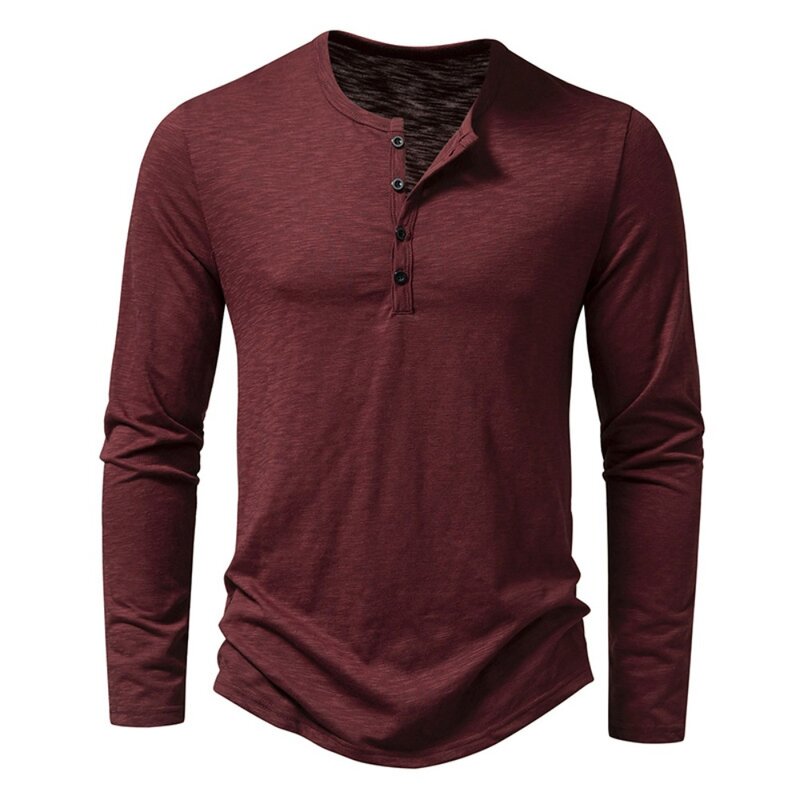 Chemise à col Henley en coton pour hommes, manches longues, bouton décontracté, monochromatique, t-shirts à la mode