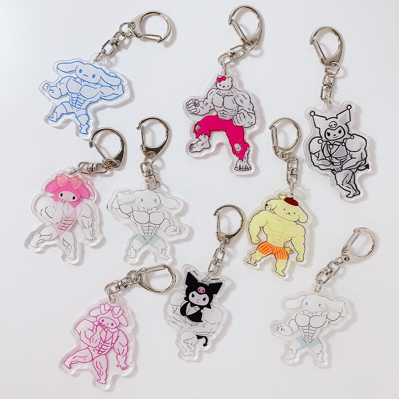 Kawaii Sanrio Keychain Hello Kitty  Kulomi  My Melody Cinnamoroll Funny Muscle Series Anime Keyring Backpack 키링  Charm Cute Gift