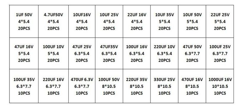 Capacitores eletrolíticos de alumínio, SMD Variedade Kit, 24 Valor, SMD 1uF ~ 1000uF, 6.3V-50V, 24 Valor com Caixa, 400Pcs
