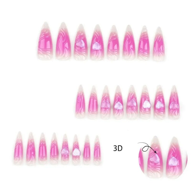 24pcs Long Stiletto French Fake Nails Pink 3D Heart False Nails Full Cover Halo Dyed Nail Press on Nails DIY Detachable