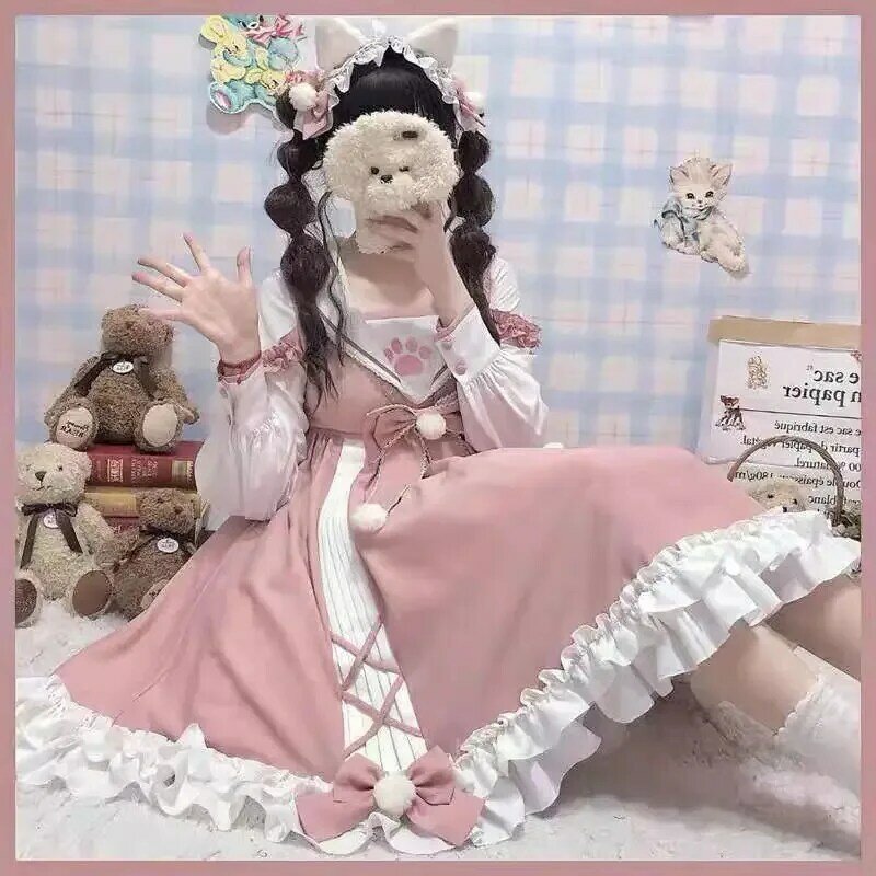 Vestido Lolita com Garra de Gato Kawaii, Vestido Princesa Manga Curta, Tamanho grande