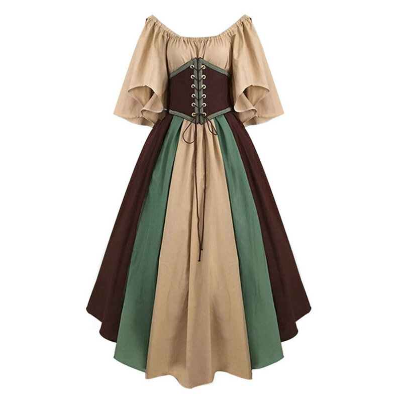 Pałac średniowieczne kobiety ubierają się w stylu Vintage latający rękaw patchworkowy wieczorowy strój karnawałowy ubrania Cosplay damski gorset do sukienki