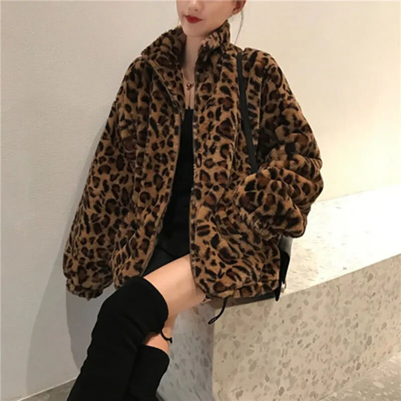 Autumn Fuzzy Leopard Print Jacket Women Fashion Stand Collar Warm Parkas Outwear Winter Korean Female Loose Faux Fur Coats New