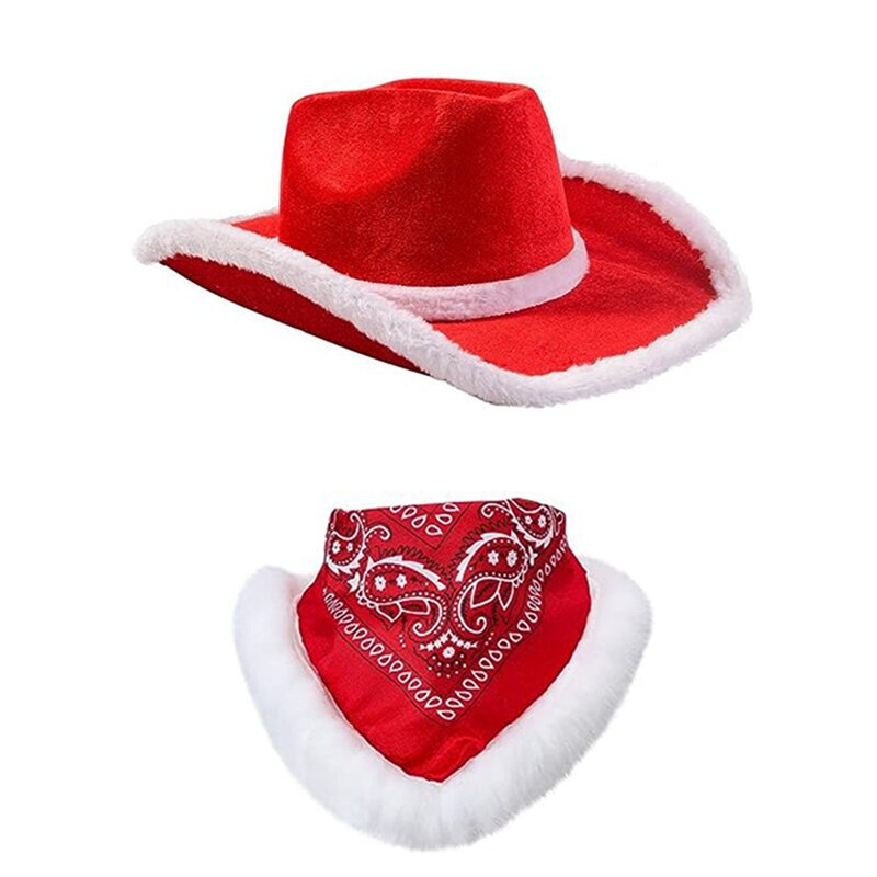 Topi koboi Natal dan syal topi pinggiran lebar Santa berpayet untuk dewasa aksesoris kostum pesta Rave karnaval pernikahan