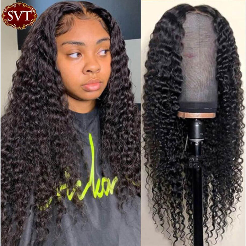 SVT-peluca India rizada con malla Frontal, cabello humano para mujeres negras, onda profunda, cierre 4x4, sin pegamento