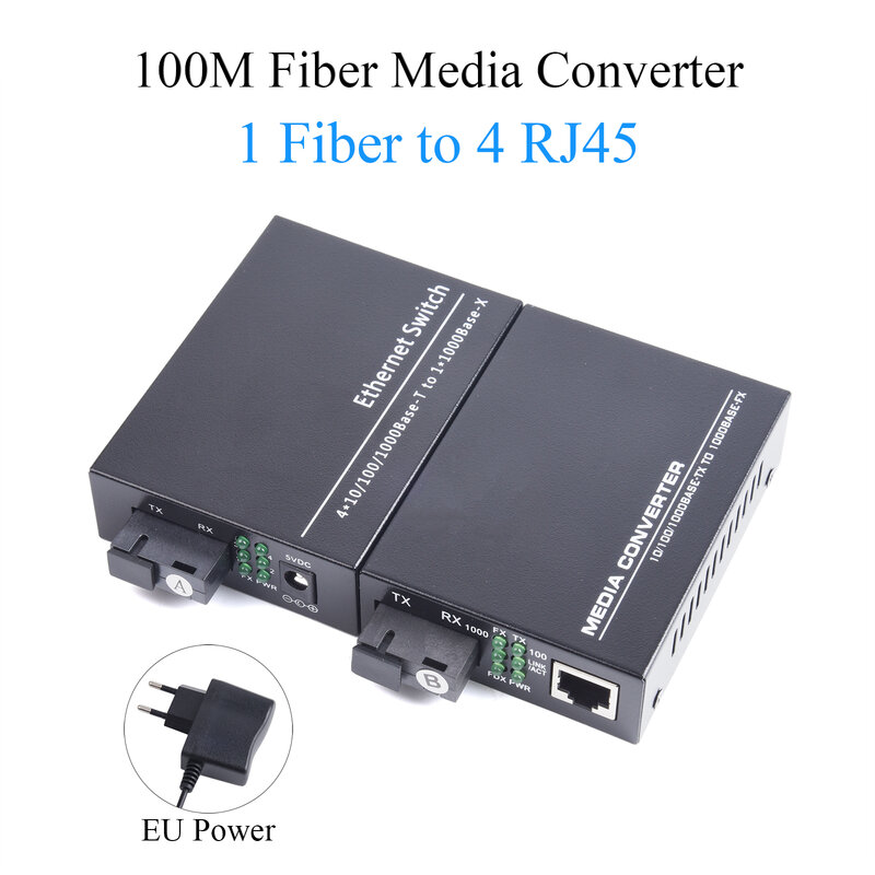1 Pair 100M Fiber Optical Media Converter 10/100Mbps Single Mode 1 Fiber to 4 RJ45 UPC/APC SC-Port With Outdoor Fiber Wire