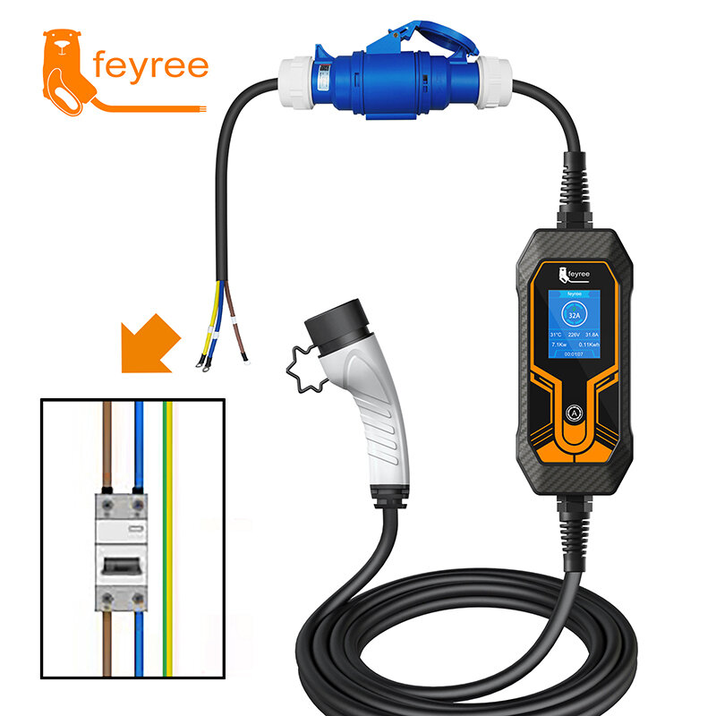 Feyree-EV 충전기 CEE 암 플러그 3 핀 어댑터 방수 연결 월 마운트 소켓 32A, 1 상 7KW 휴대용 충전기