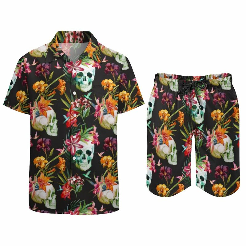 Conjuntos florais de praia estampados em caveira masculino, Halloween, assustador, caveiras assustadoras, conjunto casual de camisa, shorts padrão de duas peças, terno da moda, plus size