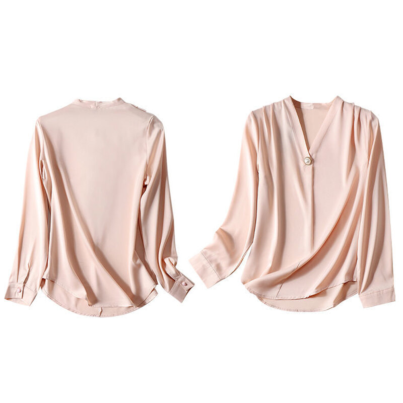 Spring Autumn Elegant Fashion Buttons Satin Shirt Ladies V-neck Temperament Simple All-match Pullover Blouse Women's Solid Top