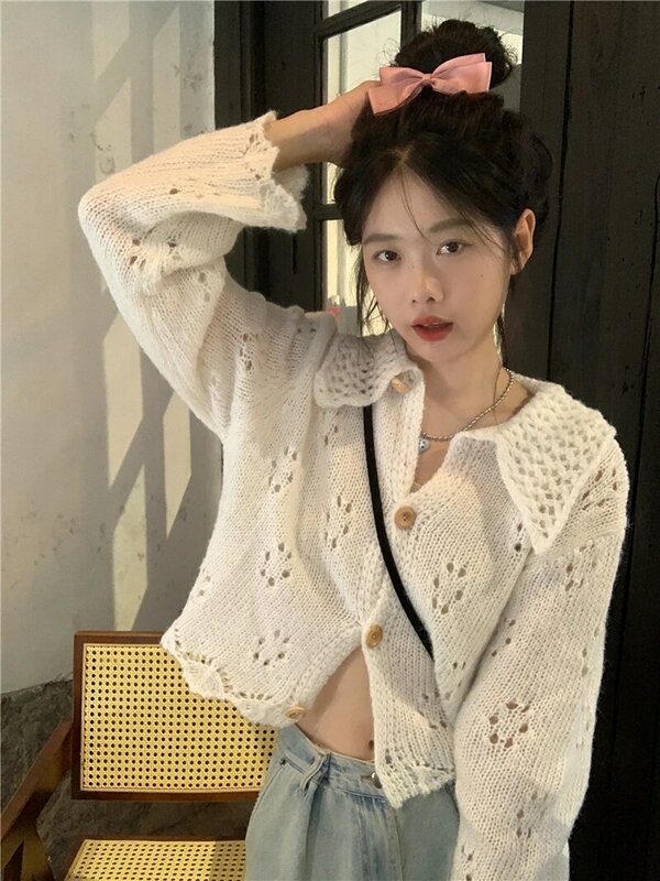 Miiiix Korean Fashion 2024 Early Spring New Lazy Knitted Cardigan Coat Loose Hollow Sweet Sweater Top Female Clothing