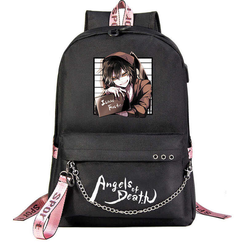 Anime anioł śmierć plecak szkolny torby na książki podróży chłopcy dziewczyny Laptop słuchawki USB Port codziennie Mochila