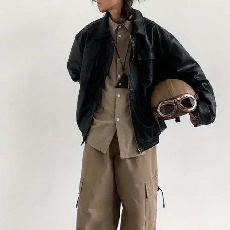 Veste de moto en cuir PU rétro neutre japonais, manteau ample en faux cuir, double poche sur la poitrine, veste de couple à revers, automne