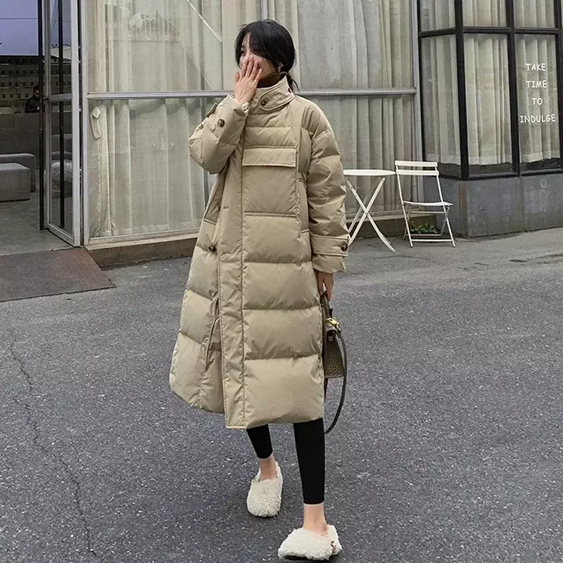 Stehkragen wind dichte Mäntel Winter Frauen Knöpfe große Taschen lange Parka verdickte wärmere Baumwoll jacke koreanische Puffer jacke