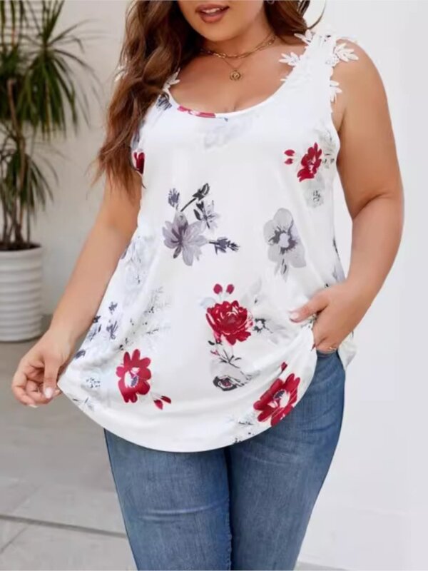Plus Size Sleeveless Embroidery Patchwork Slip Summer Tops Women Flower Print Fashion Pleated Ladies Blouses Loose Woman Tops