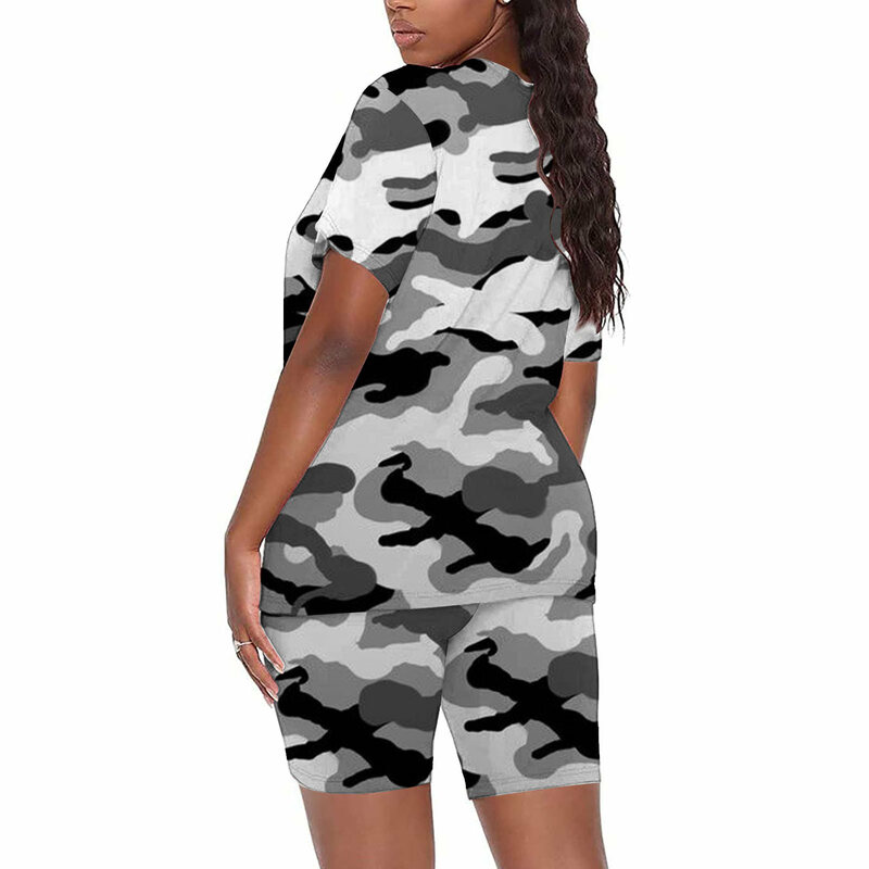 2023 Summer Fashion New Casual Camouflage Short Sleeve V-Neck Top and Shorts Set