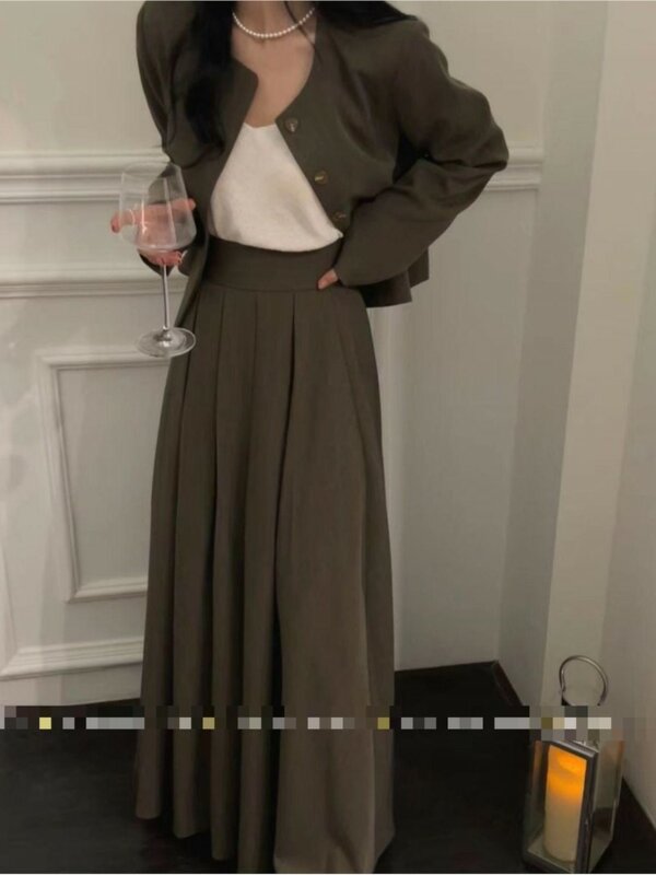 Autumn New Women Casual Formal Blazer and Long Skirts Suit Vintage Business Suit Jackets Midi Saya Two Pieces Female Outfits
