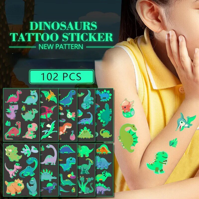 Kids Girls Cartoon Fun Tyrannosaurus Waterproof Temporary Fluorescent Glow Toys Popular Dinosaur Luminous Paint Tattoo Sticker