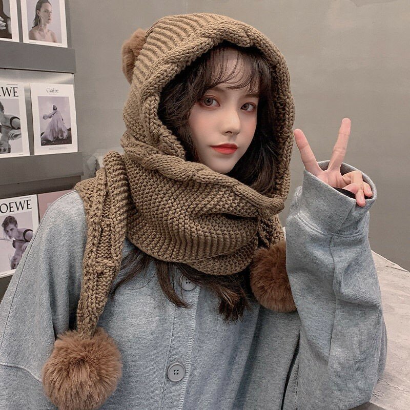 Корейская версия шерстяная шапка женская осенне-зимняя с шарфом цельная шапка Милая шерстяная пушистая утепленная теплая вязаная шапка