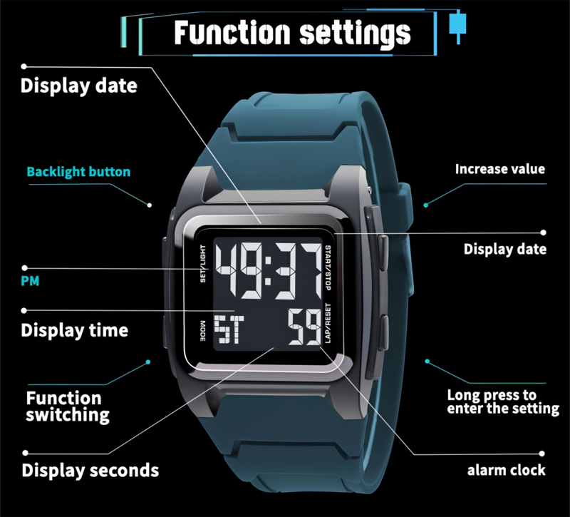 YIKAZE-Reloj de pulsera Digital para hombre, cronógrafo luminoso con bloque militar, resistente al agua, con pantalla LED, para negocios y Deportes