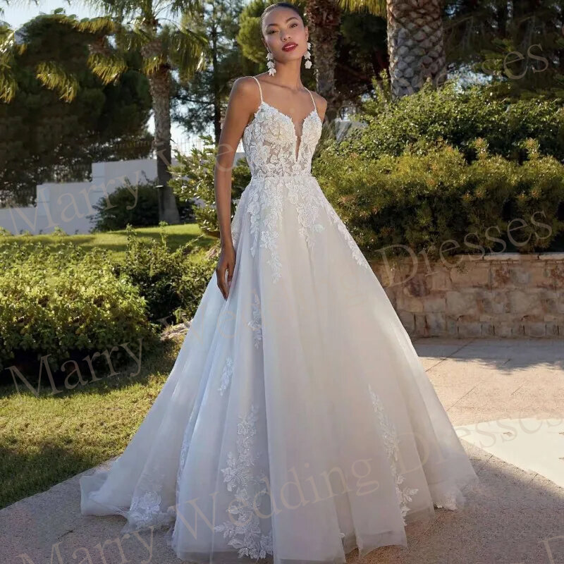 Gaun pernikahan A-Line kekasih elegan gaun pengantin Tulle Applique renda indah tali spageti punggung terbuka Vestidos De Novia