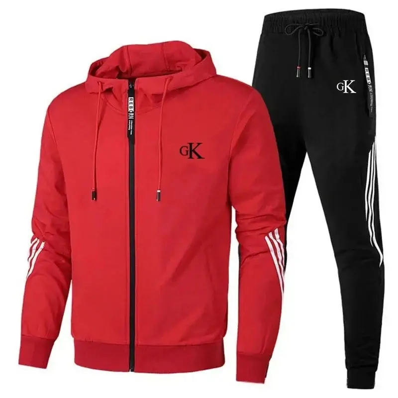 Men's spring and autumn print gym jogging fashion sportswear suit casual zipper sweatshirt + sweatpants two-piece set