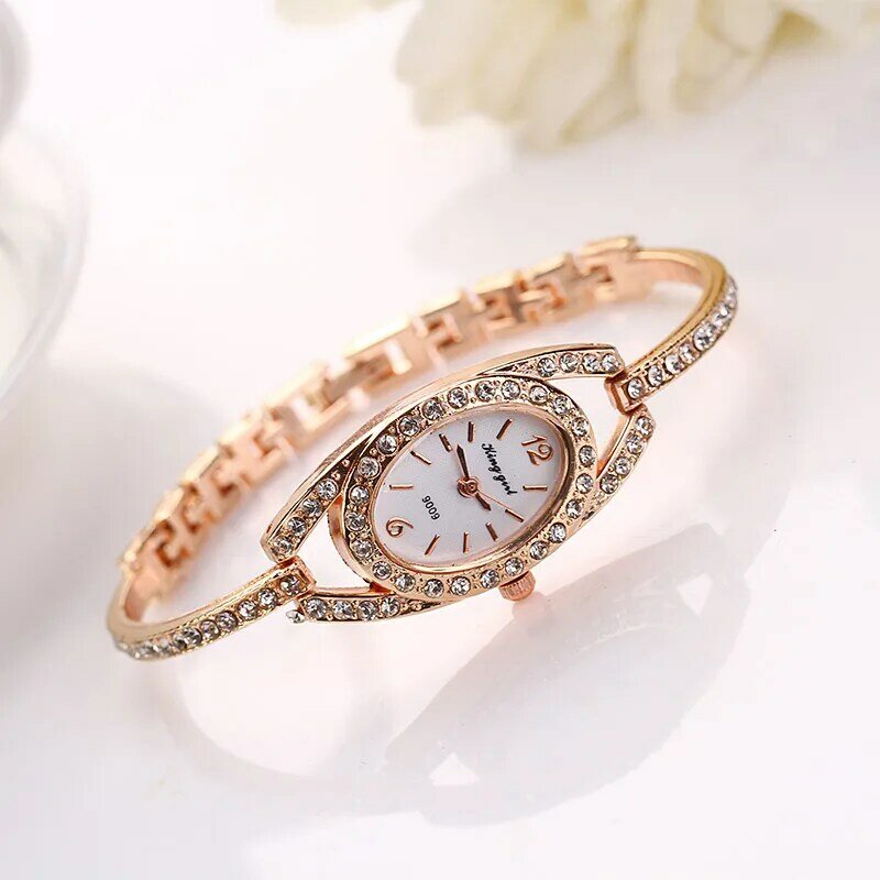여성용 스테인레스 스틸 크리스탈 쿼츠 손목 시계, 레이디 골드 팔찌, 다이아몬드 디자인, 패션