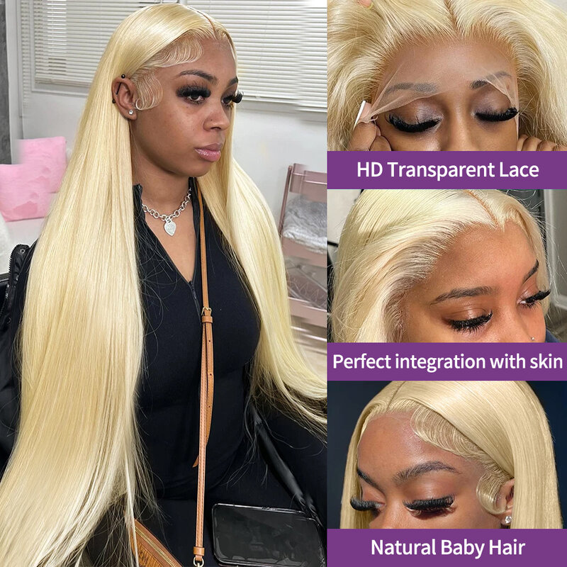 Perruque Lace Front Wig naturelle brésilienne, cheveux lisses, 30 pouces, 13x6, pre-plucked, HD transparent, densité 613, 200